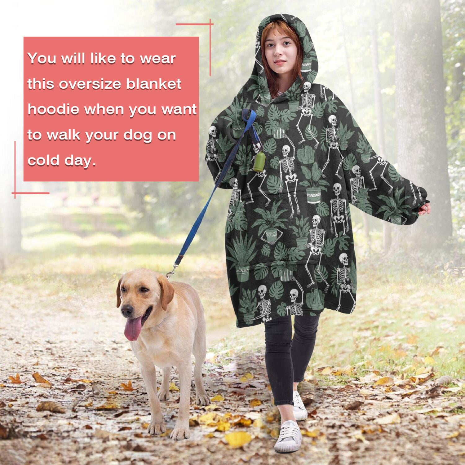 Wearable Oversized Blanket,Black Skeleton Plant Pattern Wearable Blanket Hoodie for Adults,Cozy Hooded Blankets with Super Pockets,Super Warm Fuzzy Pullover for Women & Men