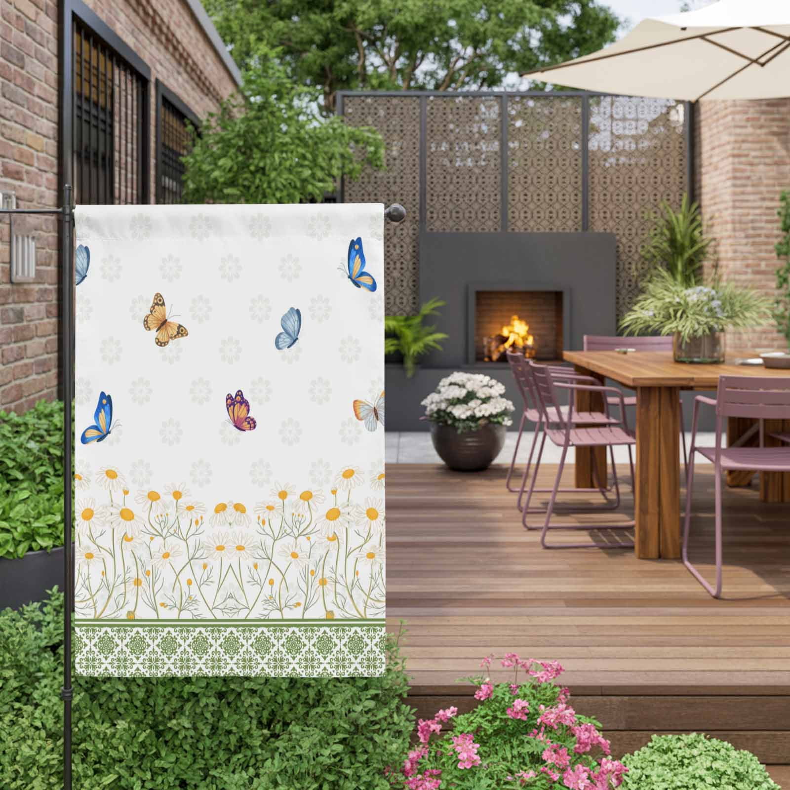 Spring Daisy Flower House Flag 28 x 40 Inches, Blue Butterflies Green Floral Plaid Weather Proof Outdoor Patio Flags Double Sided Small House Decoration for Yard Lawn Outside Home