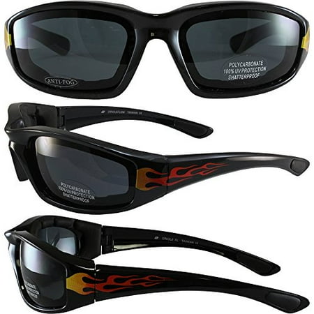 - Birdz Eyewear Oriole Padded Motorcycle Riding Sunglasses Flame Design Black Frames Smoke Lens