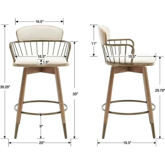 26 Inch Modern Counter Height Bar Stools Set of 3, 360° Swivel Linen Upholstered Barstools with Wood for Kitchen Island