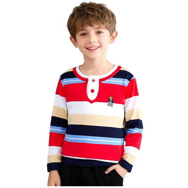Odeerbi Chicos Henley Camisas Algodón Color Bloque Rayas Bordado Camisa de Manga Larga
