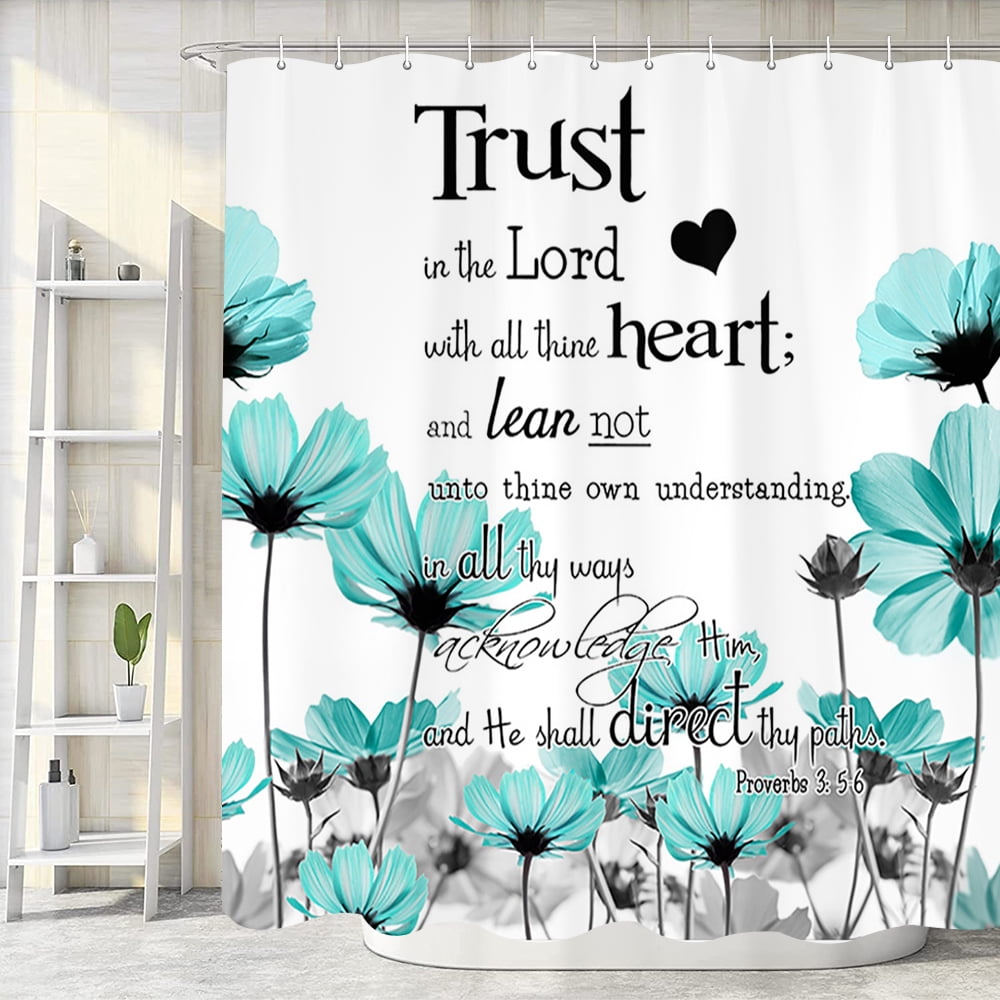 Teal Shower Curtain, Rustic Elegant Floral Turquoise Gray Daisy Flower Bath Curtain, Bible Verse Inspirational Farmhouse Plant Bathroom Accessories for Bathroom Curtain Liner Set with Hooks, 72x72IN