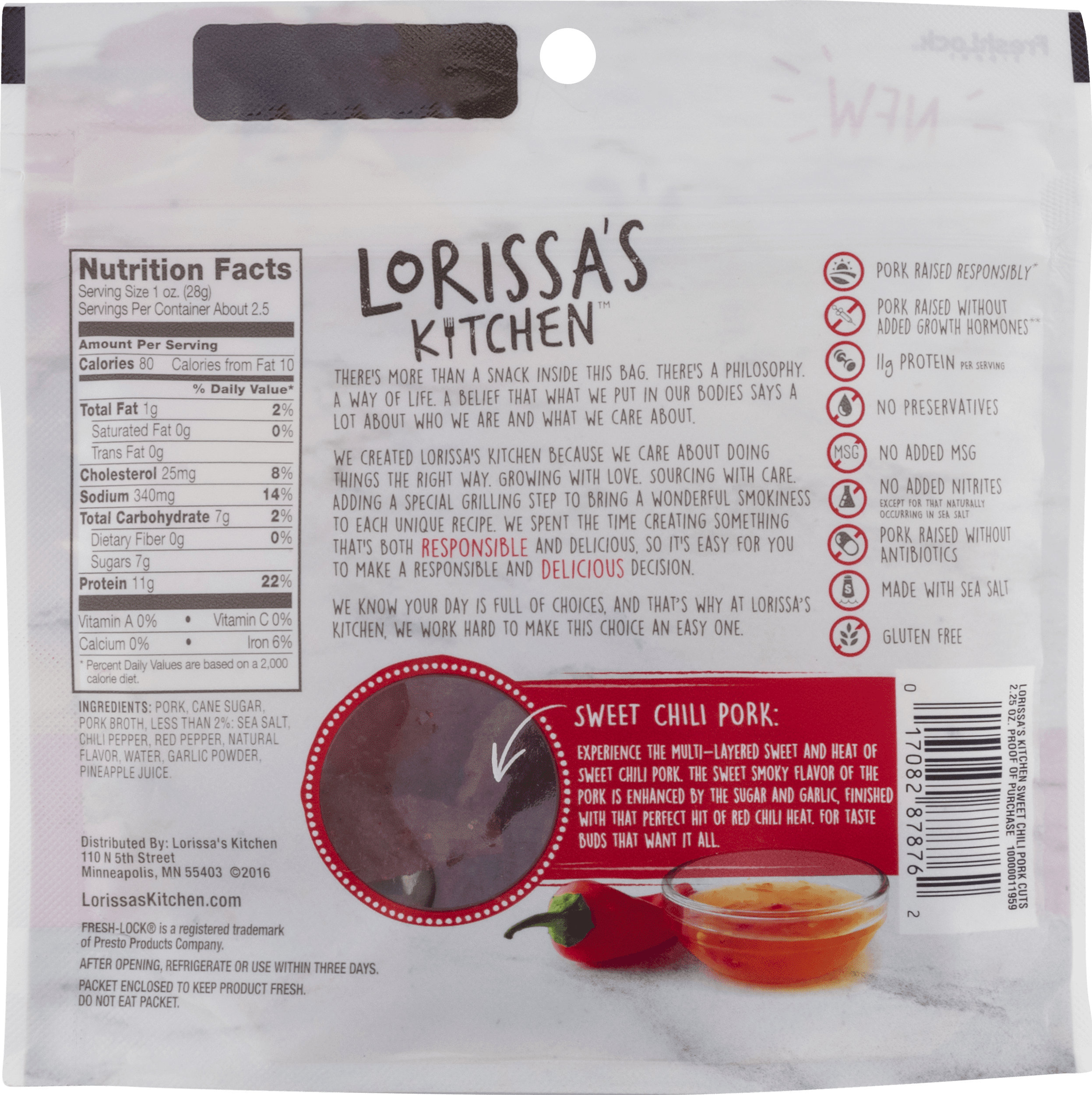 Lorissa's Kitchen Pork Jerky, Protein Snack, Sweet Chili, 2.25oz