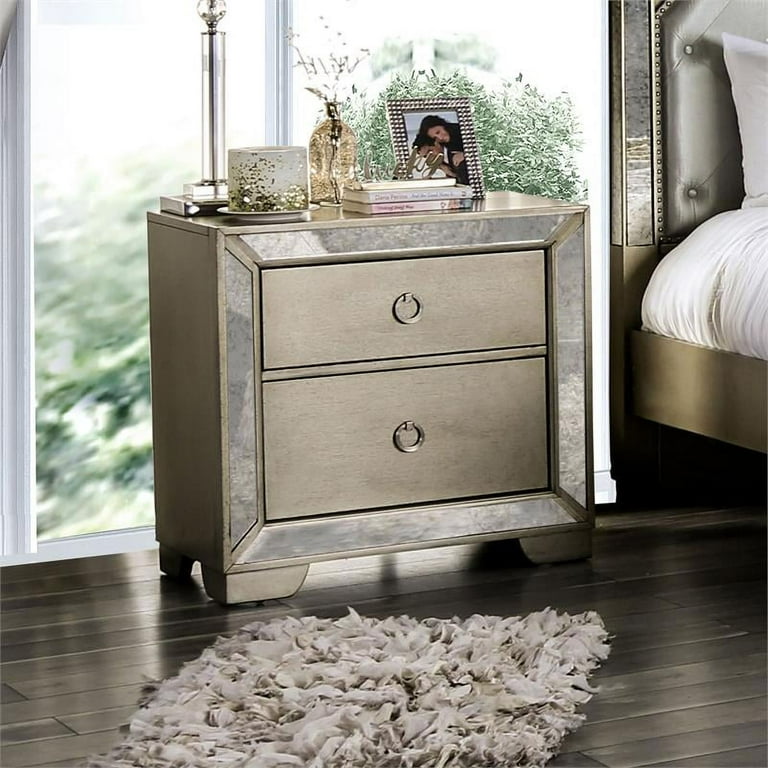 Champagne Wood Contemporary Nightstand with Crystal-Like Trim - Textured Front - and Multiple Storage Drawers - 2-Drawer