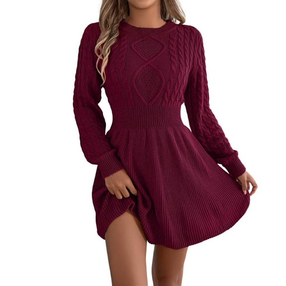 Ediodpoh Knitted Dress Women's Round Neck Elegant Tunic Winter Sweater A Line Mini Dress Sweater Dress for Fall and Winter Fashion Red L