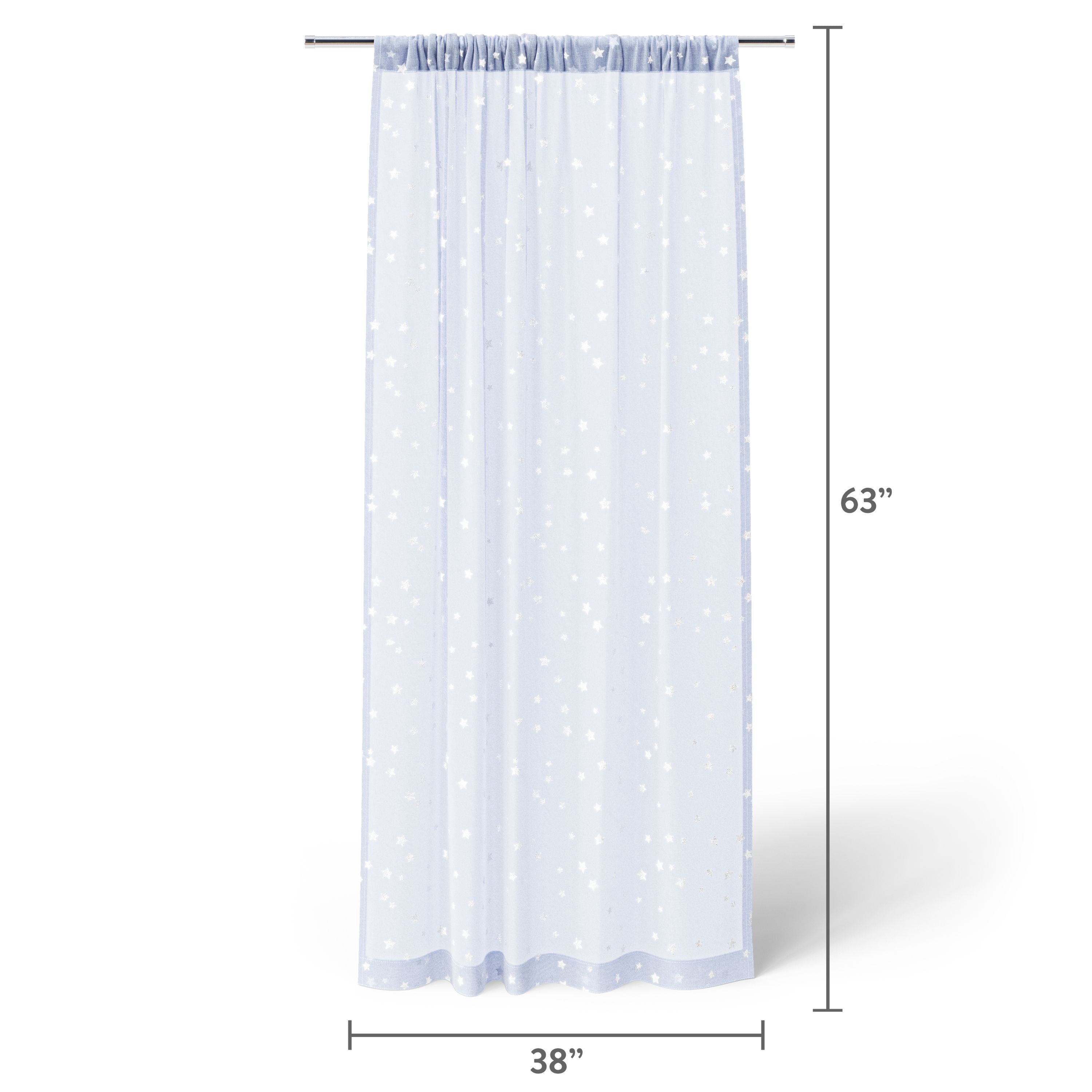 Mainstays Kids Metallic Star Printed Light Filtering Sheer Curtain Panel, Periwinkle, 38 x 63 in