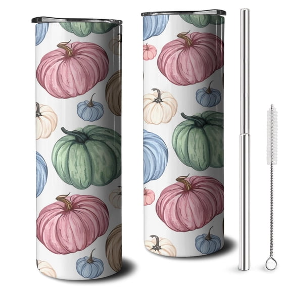 20oz Colorful Fall Pumpkins Pattern Skinny Tumblers Stainless Steel Tumbler with Lid and Straw,Vacuum Insulated Double Wall Travel Tumbler Cups with Cleaning Brush for Coffee,Tea