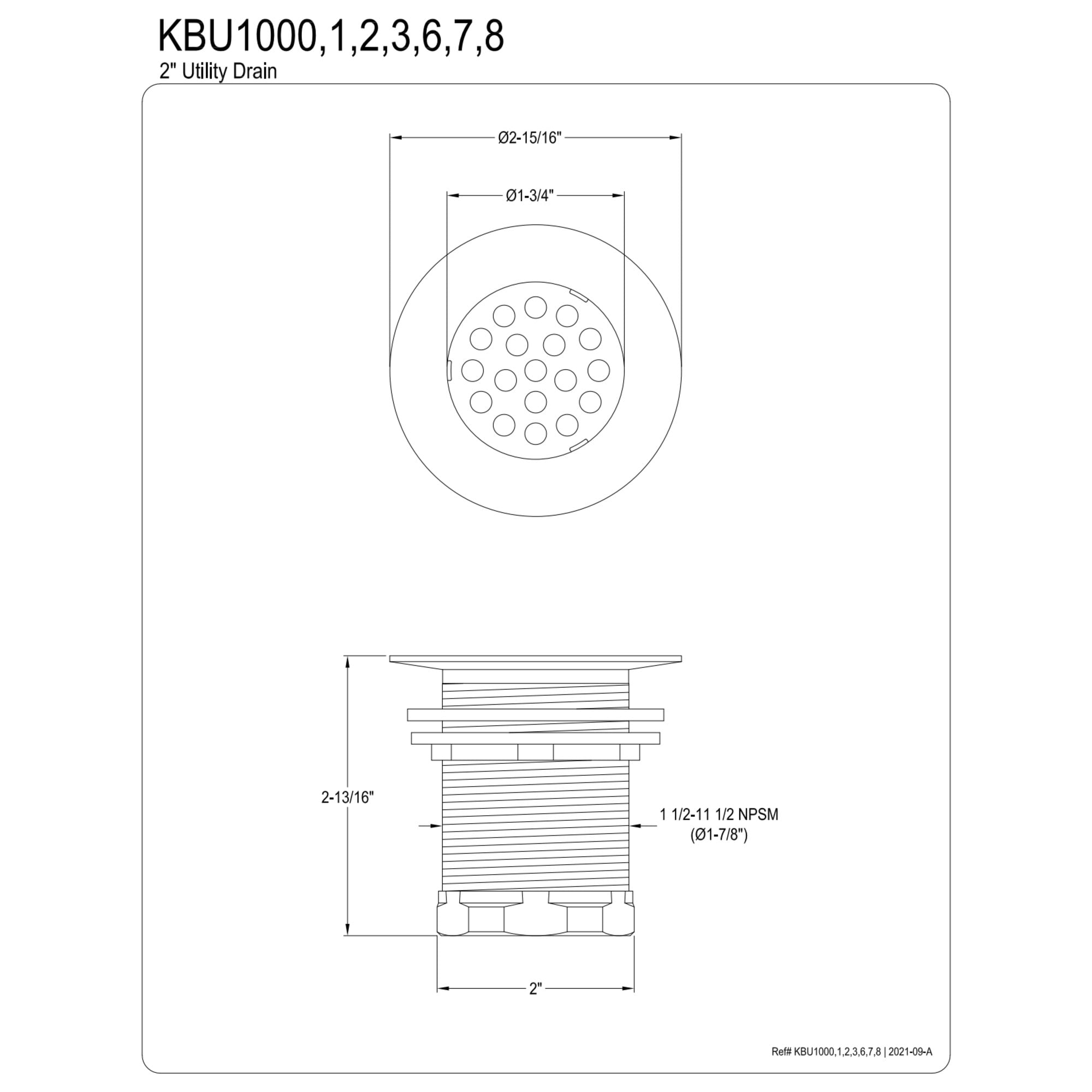 Kingston Brass KBU1000 Seattle 2-Inch Brass Grid Bar/Utility Sink Basket Strainer in Matte Black