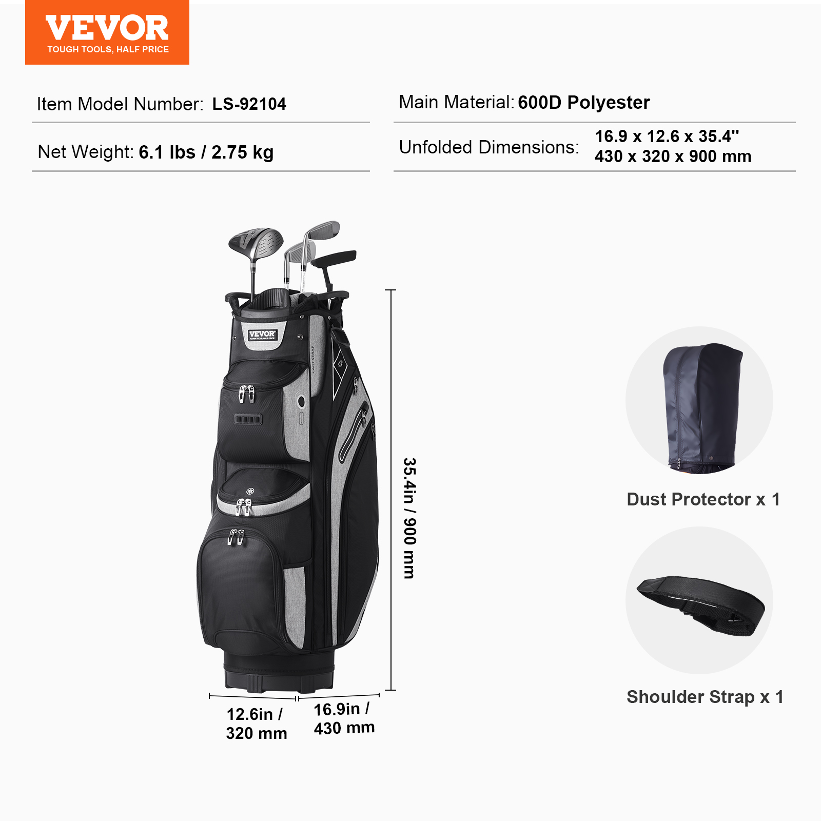 VEVOR Golf Cart Bag with 14 Way Organizer Divider Top, 36” 13 Pockets Premium Cart Bag, Durable Golf Bags with Handles & Dust Cover & Detachable Straps for Men & Women, Black Color-Block