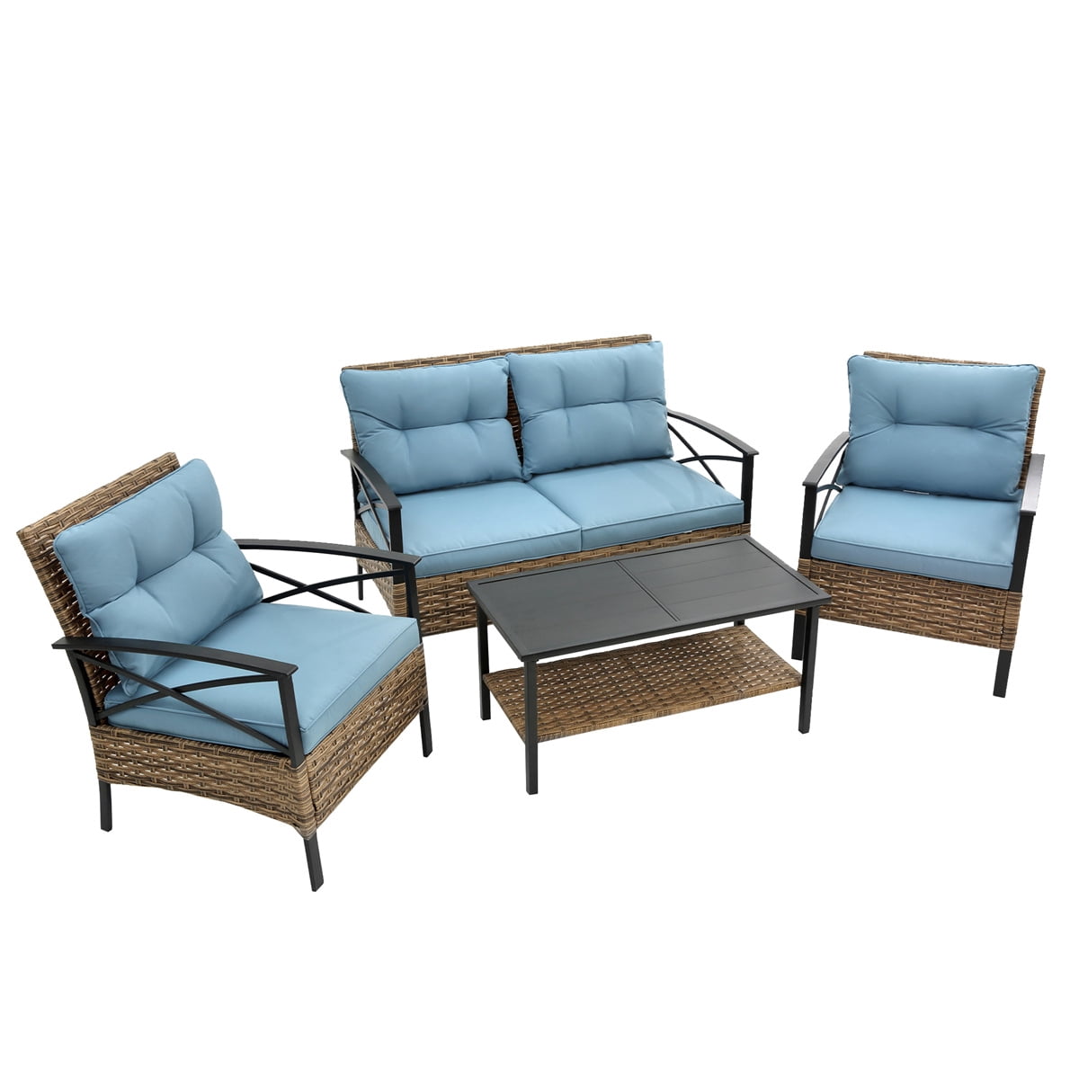 HighSound Patio Furniture Set, 4 Piece Outdoor Patio Conversation Set, All-Weather PE Rattan Wicker Sectional Patio Sofa Set with Coffee Table, Blue Cushions