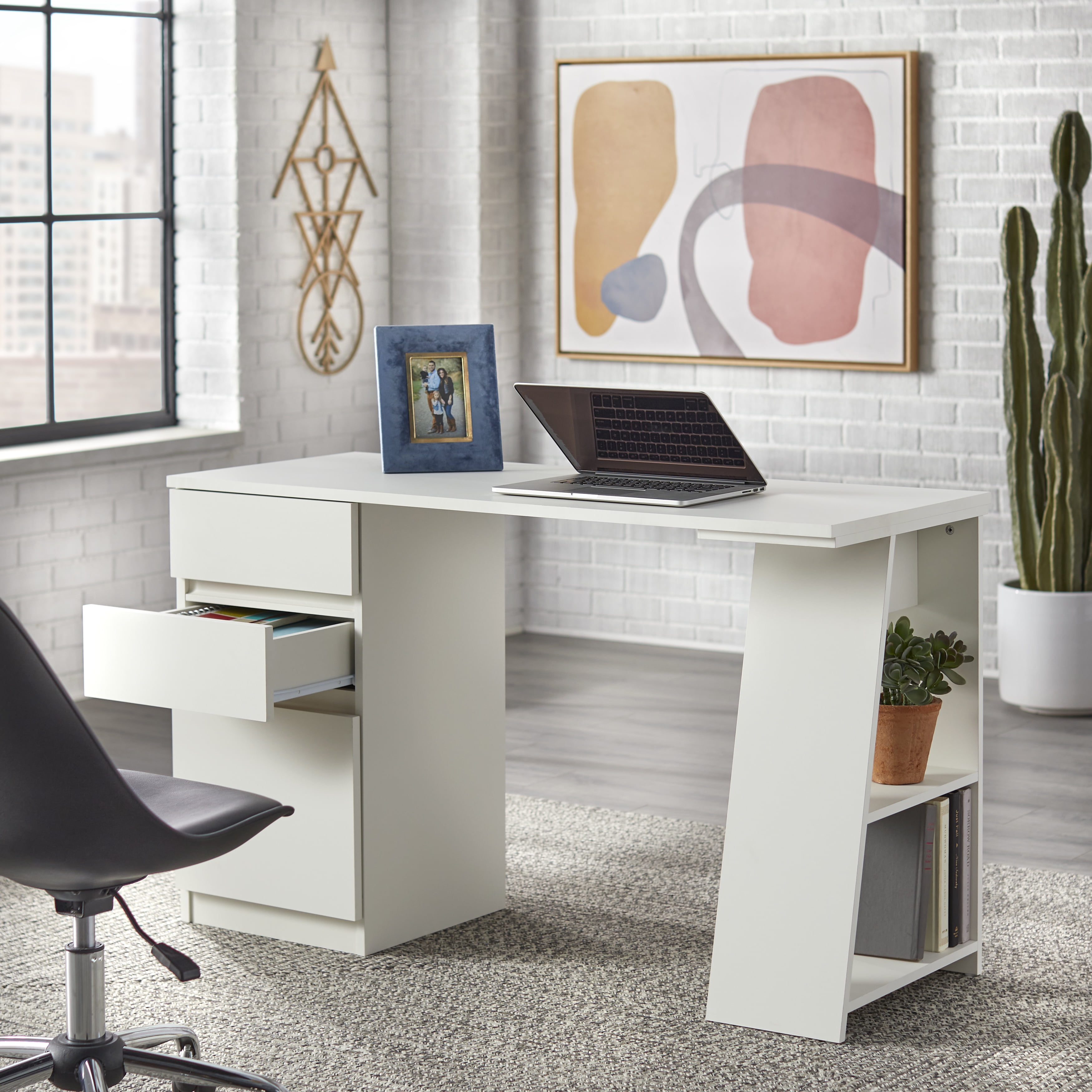 Computer Desk with 3 Drawers, 1 Door and 1 Storage Shelf, Office Desk with Drawers Latitude Run Color: White