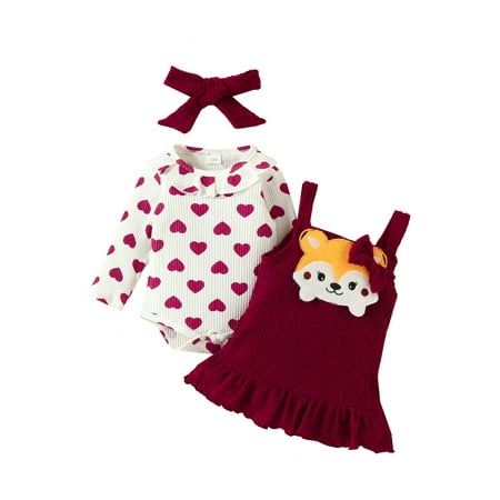 

Bagilaanoe 2Pcs Newborn Baby Girls Overalls Dress Set Heart Print Long Sleeve Romper Tops + Cartoon Suspender Skirt + Headband 3M 6M 9M 12M 18M Infant Valentine s Day Outfits