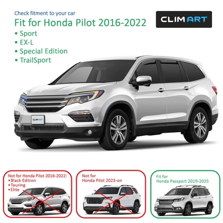 CLIM ART In-Channel Incredibly Durable Rain Guards for Pilot 2016-2022, Original Window Deflectors, Vent Deflector, Vent Window Visors, Dark Smoke Car Accessories,4pcs - 616276