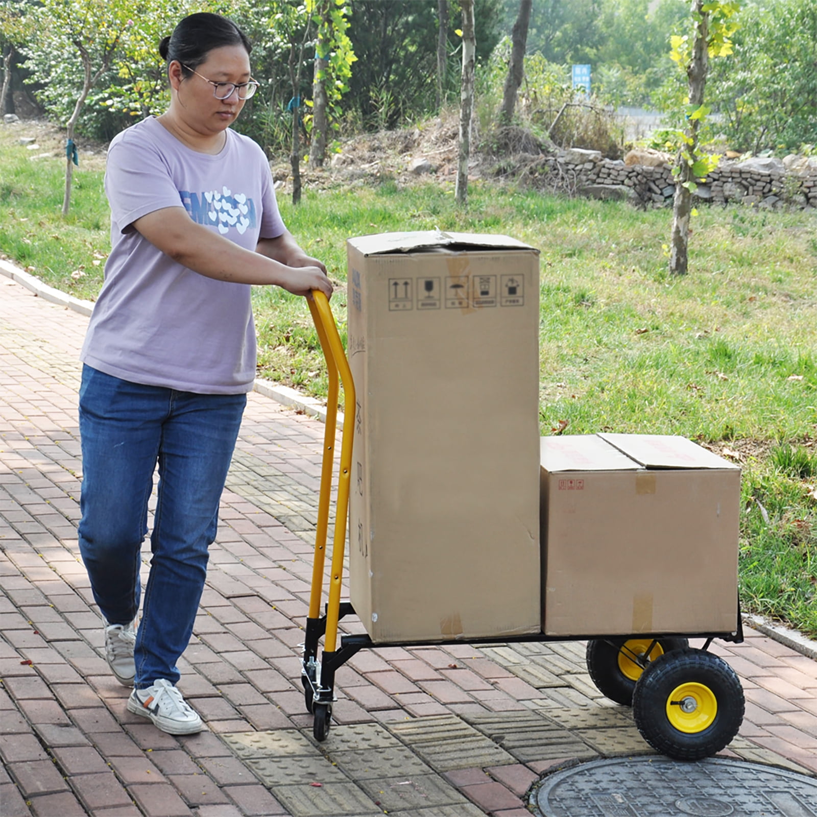 Hand Truck Dolly 2 Wheel Dolly Cart And 4 Wheel Push Cart With Swivel Wheels 330 LBS Capacity Heavy-Duty Luggage Trolley Cart For Moving Warehouse Garden Grocery