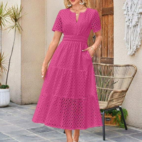 ALLLIST V Neck Dresses for Women Short Sleeve Cotton A-Line Solid Pink Hollow Out Long Teen's Dresses