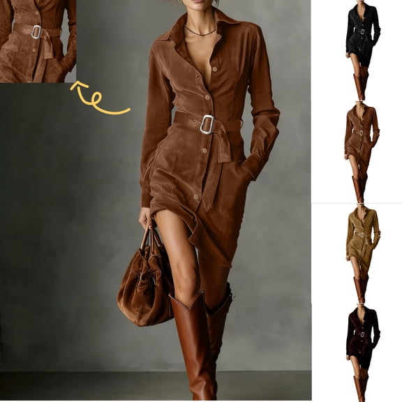 Gamivast Button Down Dress for Women Slim Mini Dress Lapel Neck Long Sleeve Casual Dress Belted Waist Side Pockets Solid Color Office Vacation