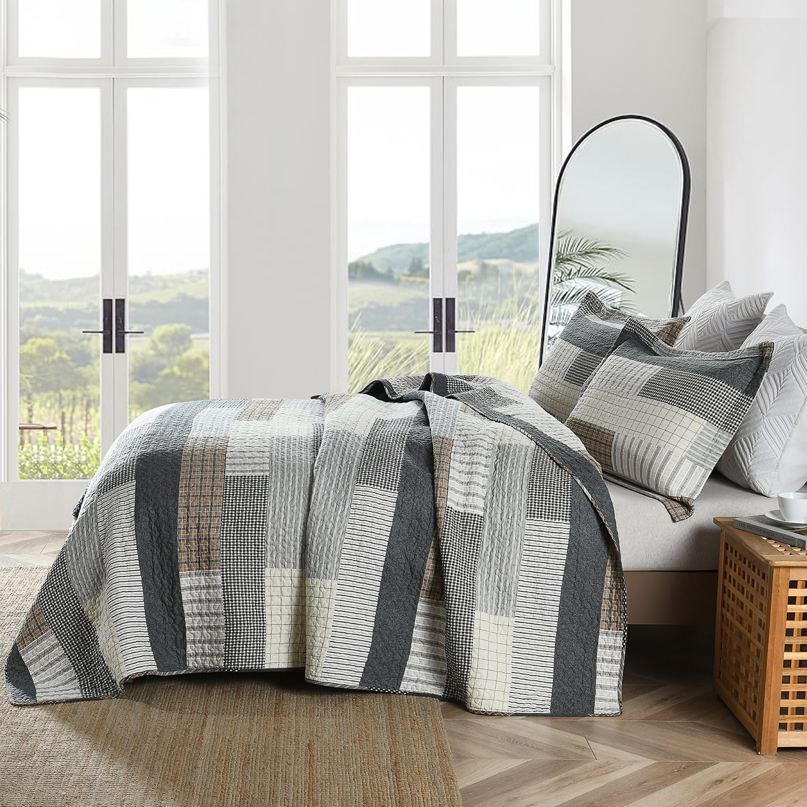 DDUOXIN Farmhouse Cotton Quilt for King Bed - 100% Cotton Gray Brown Patchwork Plaid Striped King Size Quilt Bedspread, Neutral Lightweight Reversible All Season Coverlet/Comforter Set, 3 Piece