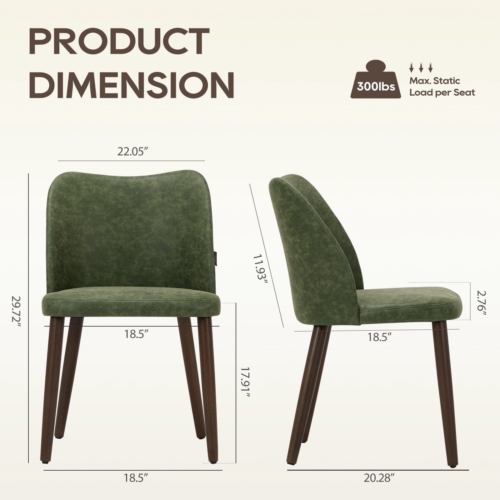 EOP Upholstered Dining Chairs Set of 2, Mid Century Modern Dining Room Chairs, Fabric Farmhouse Dining Side Chairs with Wood Legs, Armless Kitchen Chairs with Wingback, Green