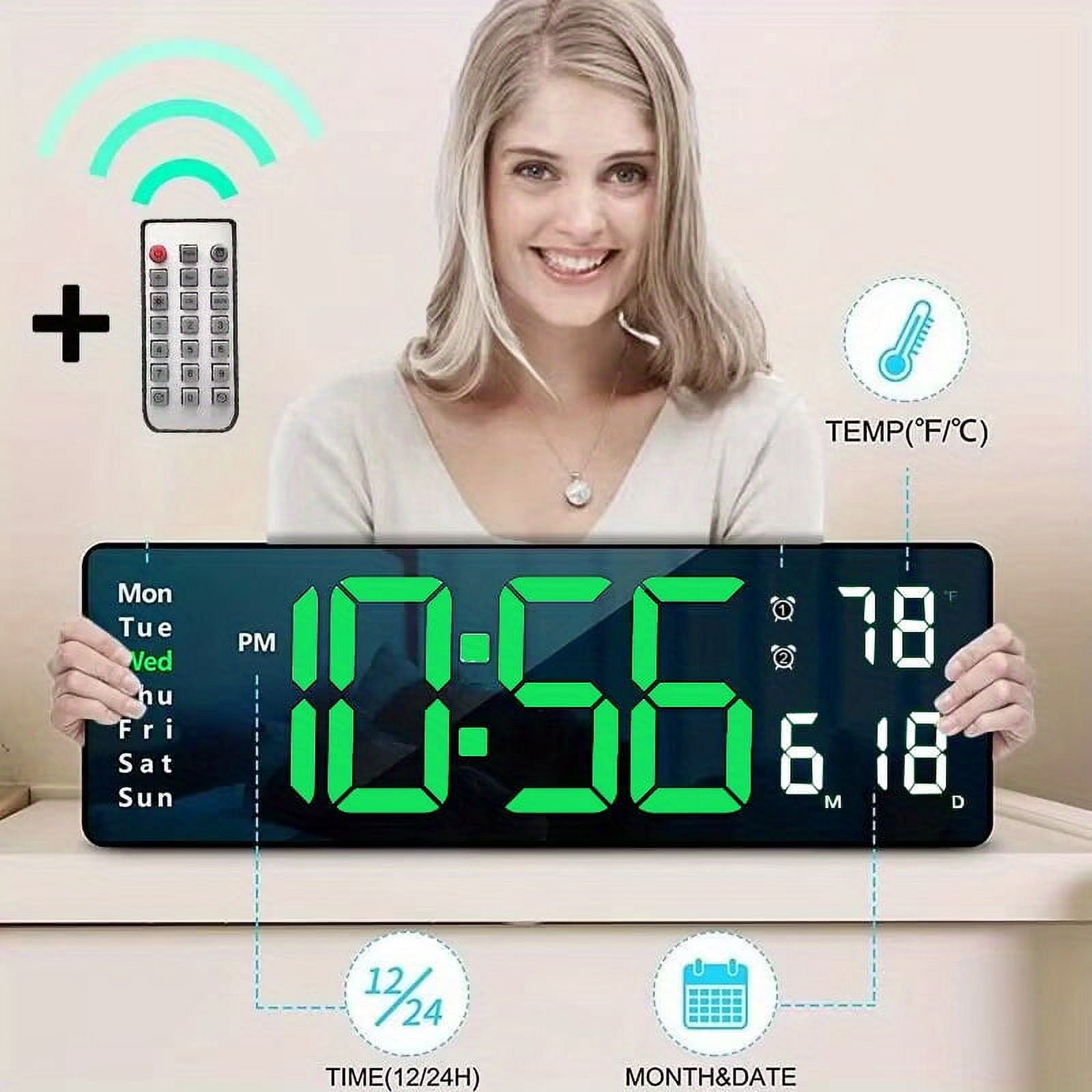 16" Large Digital Wall Clock Alarm, Big LED, 8 RGB Color, Auto DST, Temperature for Living Room Bedroom Desk Mount, Xmas, Birthday Gift for Aged Elderly Mother Father