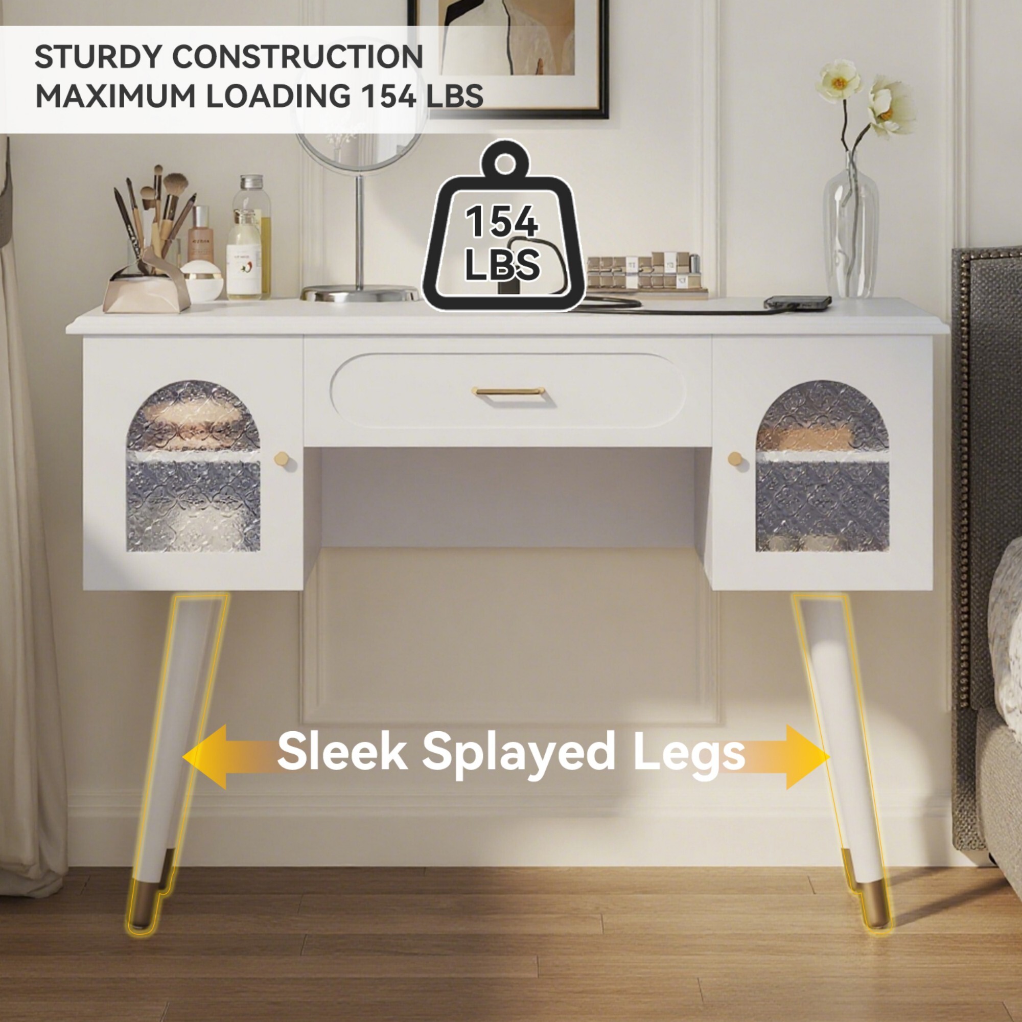 AENKYO Clean Modern Vanity Desk with USB Charging Ports, Makeup Table with Storage Cabinets and Upholstered Stool, White