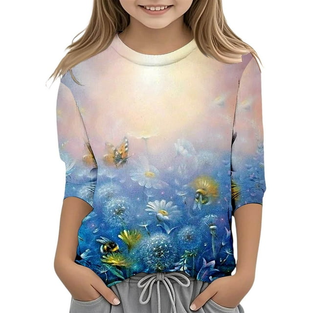 MEZZALL T-Shirts de Mode pour Filles Col Rond Manches 3/4 Graphiques Décontractés Confortables T-Shirt Tee Confort Quotidien 5-6 Ans