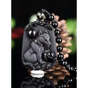 EOEMY Natural Black Obsidian Chinese Zodiac Necklace Amulet Animals Pendant Bead Chain-Dog