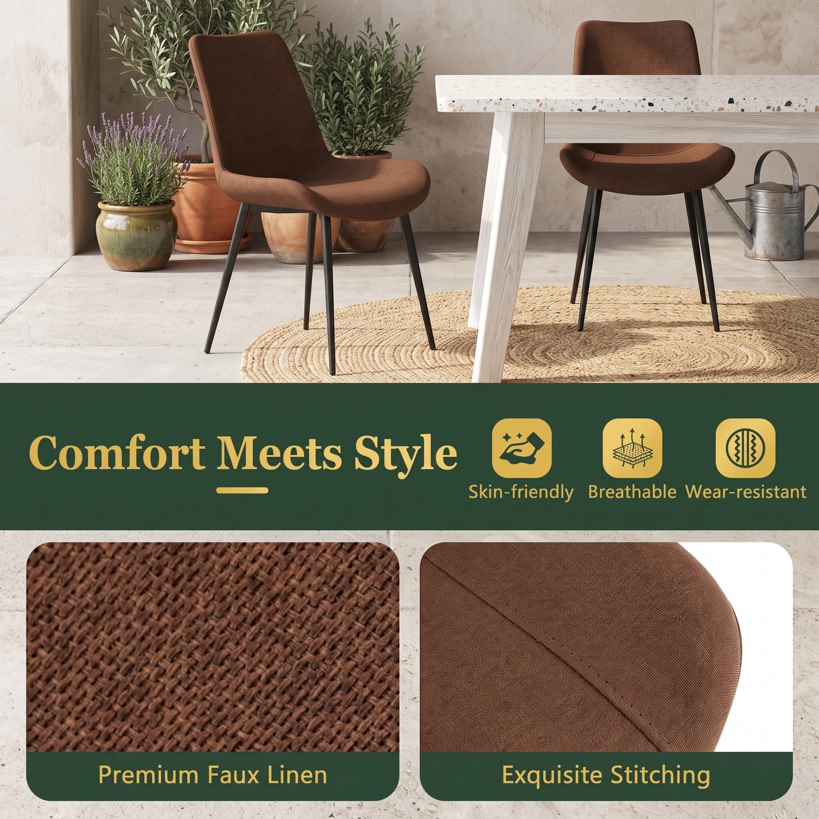 Furnibear Set of 4 Upholstered Dining Chairs with Metal Legs, Faux Linen Padded Back Kitchen Side Chairs, Ergonomic Armless Accent Chairs for Dining Room Living, Brown