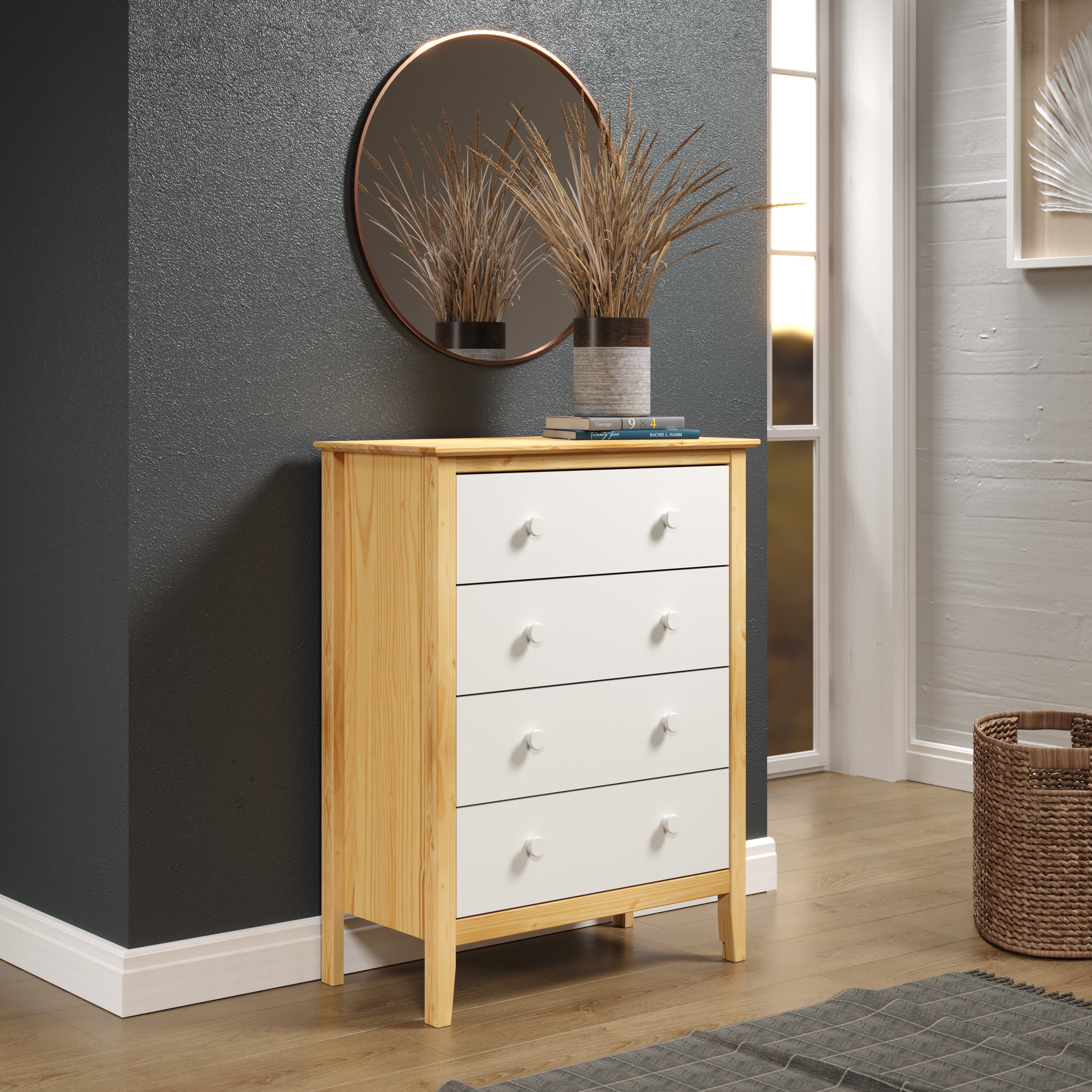 Jela Solid Wood Easy Pieces 4 Drawer Dresser Natural w/White Front, White and Natural Knobs