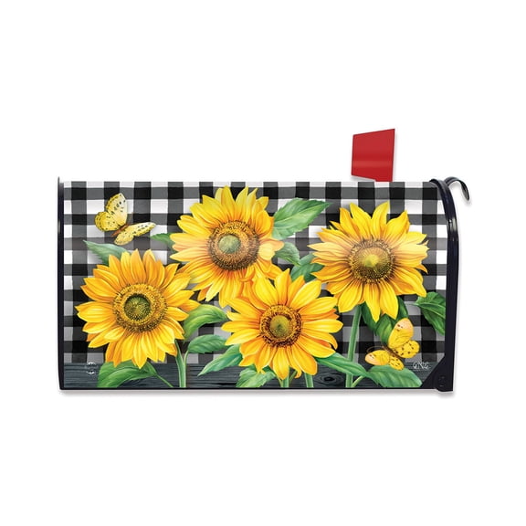 Briarwood Lane Mailbox Cover  - Standard Size - Checkered Sunflowers Summer For Summer Mailbox Cover