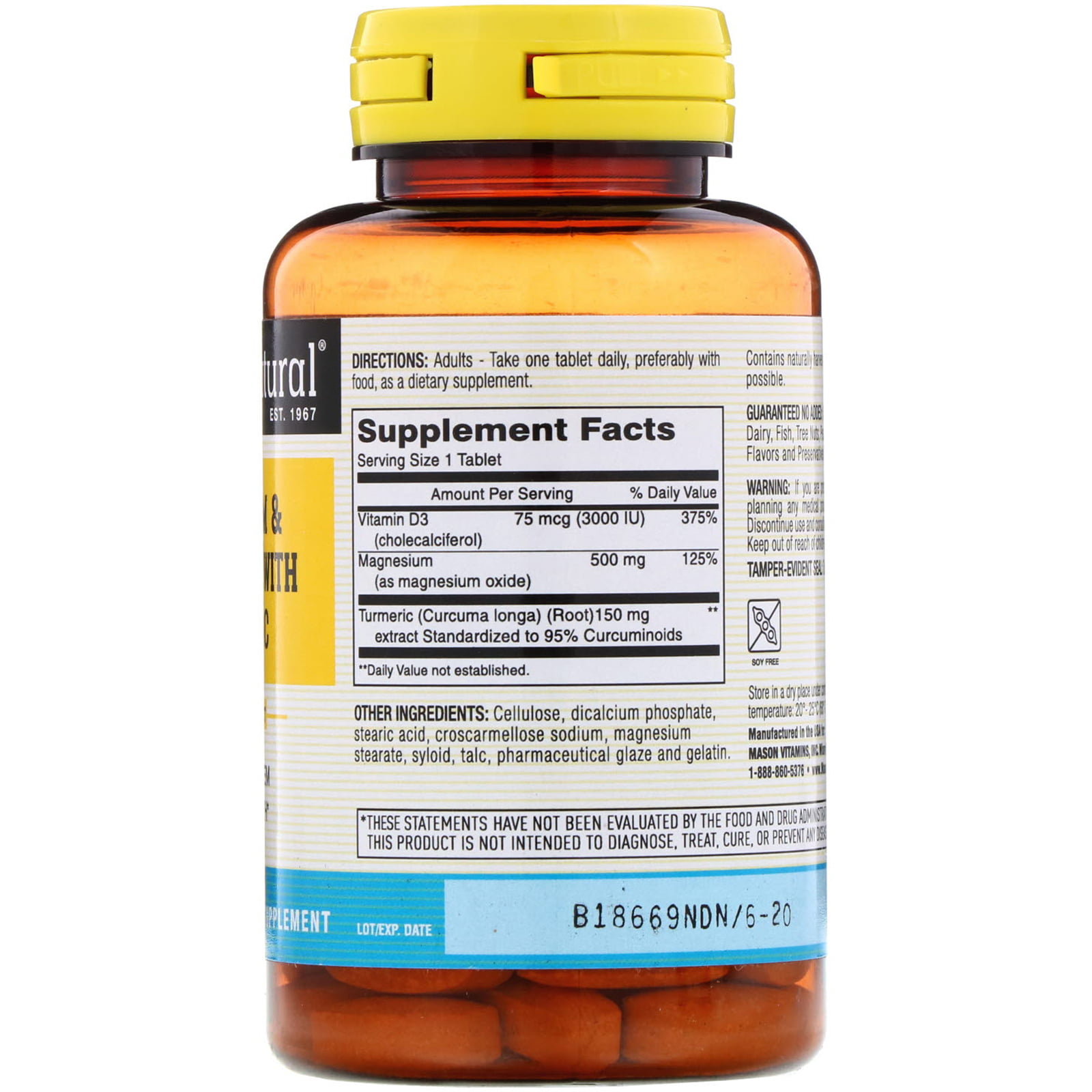 Mason Natural Magnesium Vitamin D3 With Turmeric 60 Tablets