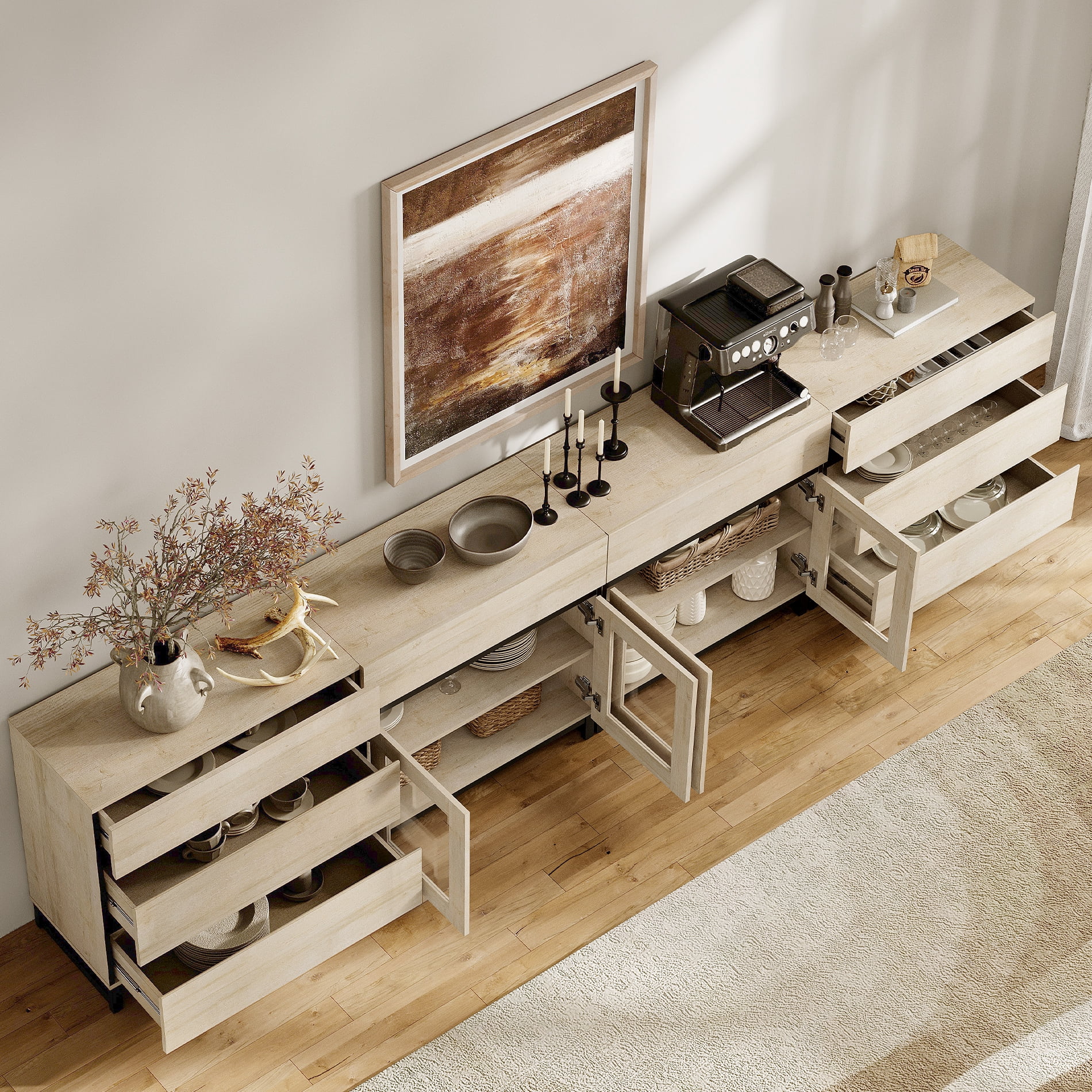 4 In 1 Modern Dresser with Glass Doors & 8 Drawers, Chest of Drawers with Adjustable Shelves, Multi-purpose Bedroom Closet Organizer Storage Cabinet,Beige