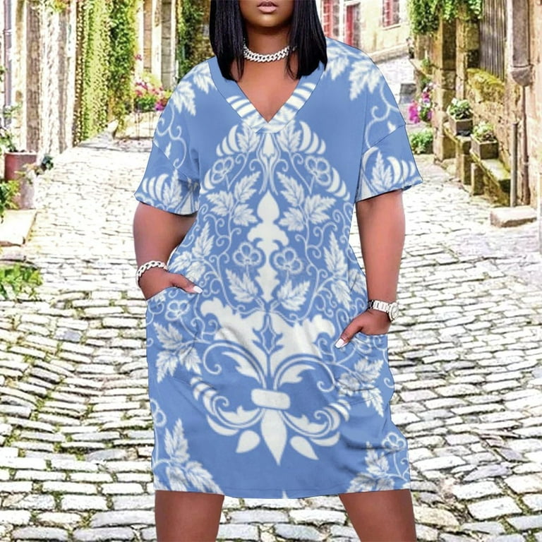 Blue White Floral Damask Pattern Women's Loose Short Sleeve Dress Casual  Summer Plus Size Long Dresses with Pockets - Walmart.com