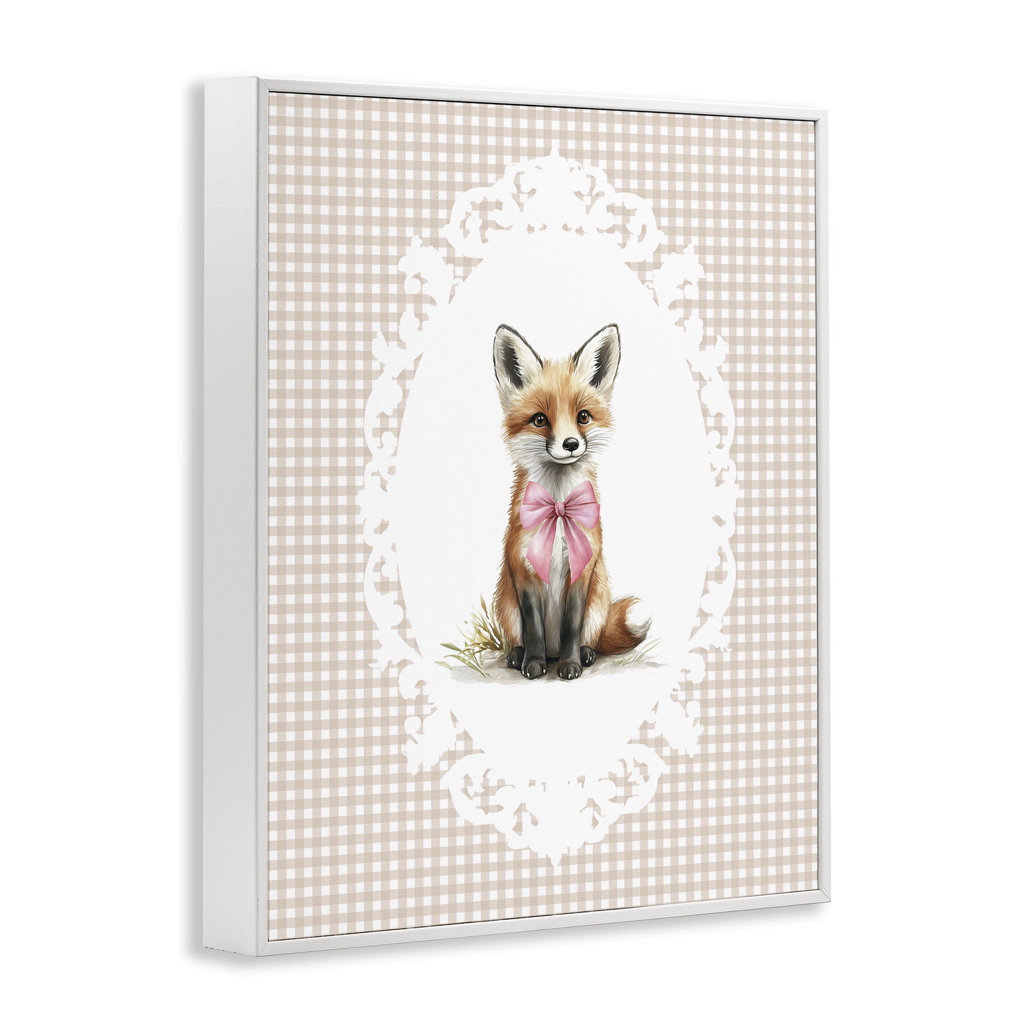 Stupell Industries Vintage Bow Fox on Gingham White Framed Giclee Art, design by Christine Simpson Art