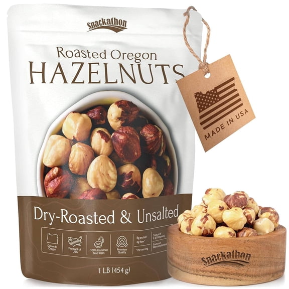 Snackathon Roasted Oregon Hazelnuts, Unsalted, Dry Roasted,1 LB Resealable Bag, Whole Filberts, Premium Natural Nuts Grown in USA, Healthy Snack, Ideal for Baking, Nut Butters & Recipes