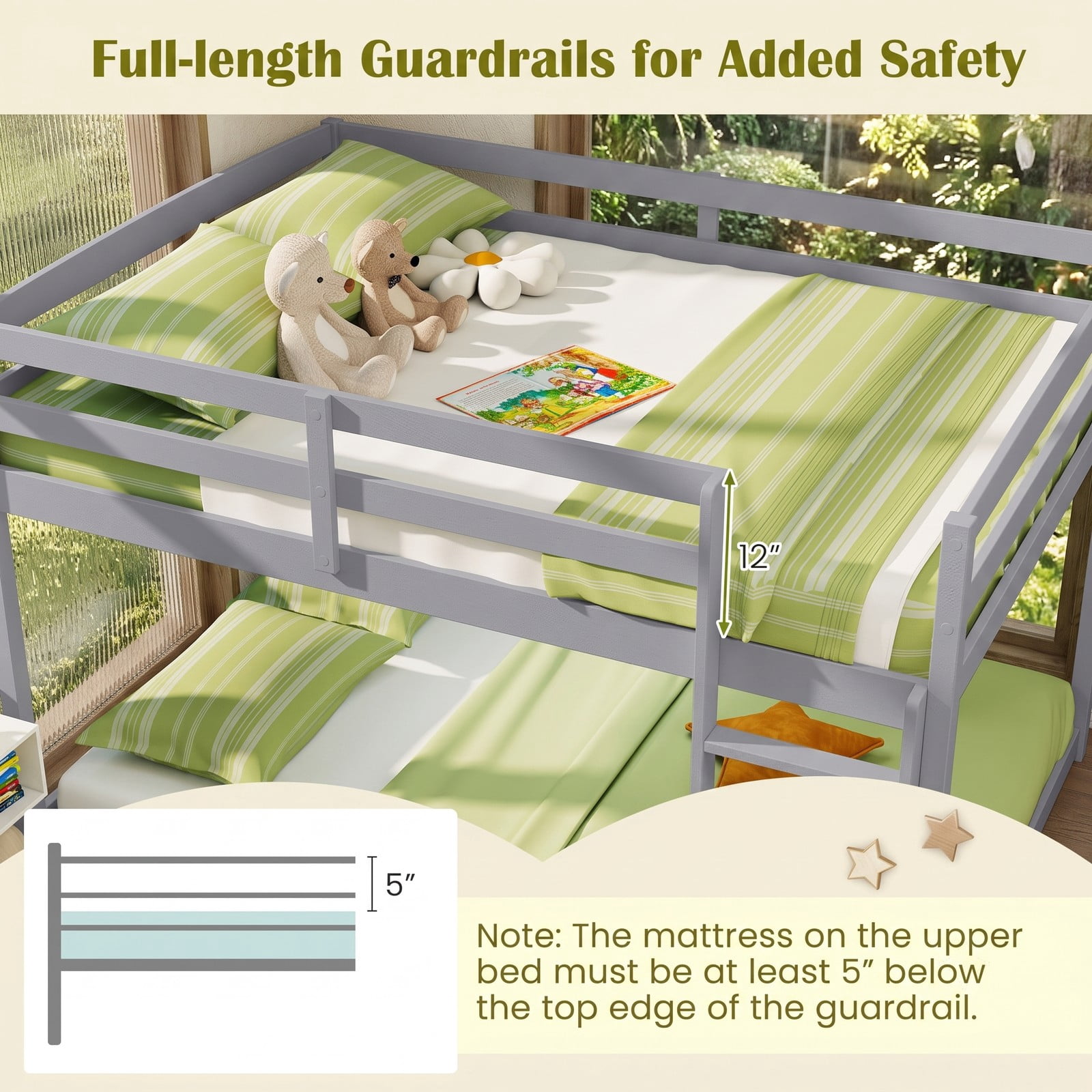 Furnibear Full Over Full Low-to-ground Wood Bunk Bed with Guardrails and Integrated Ladder for Kids and Shared Rooms, Gray
