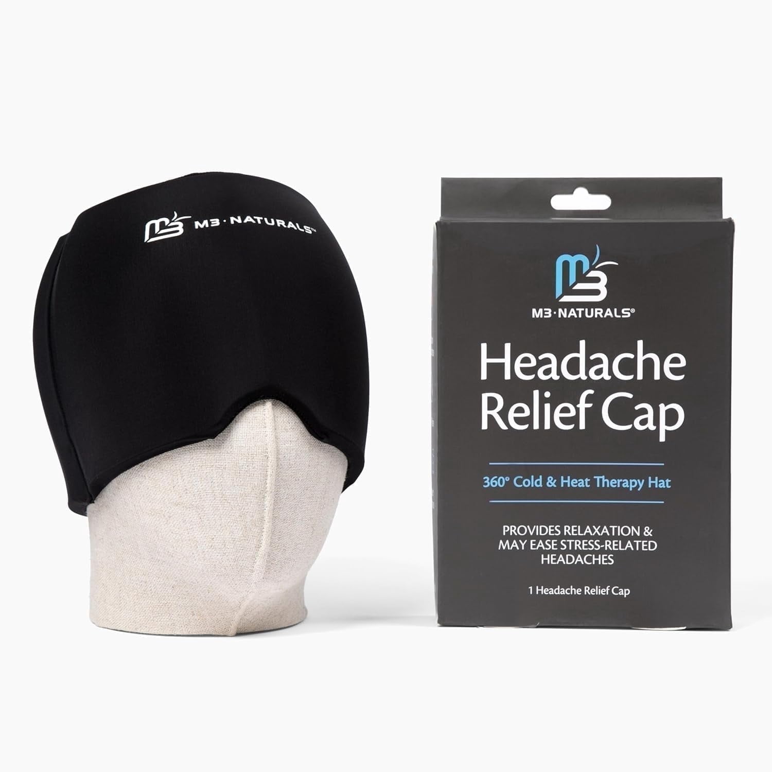 M3 Migraine Relief Cap, Headache Relief Cap with 360° Cold & Heat Therapy, Black, 1 Count
