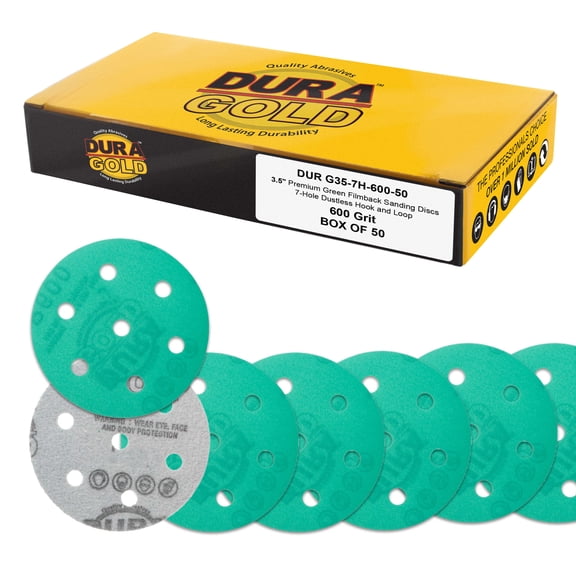 Dura-Gold Premium 600 Grit 3.5" (90mm) Green Film Sanding Discs, 7-Hole Pattern, Box of 50 - Heavy-Duty Dustless Hook & Loop Backing Sandpaper for Random Orbital Sander, Sand Auto Paint Wood Furniture
