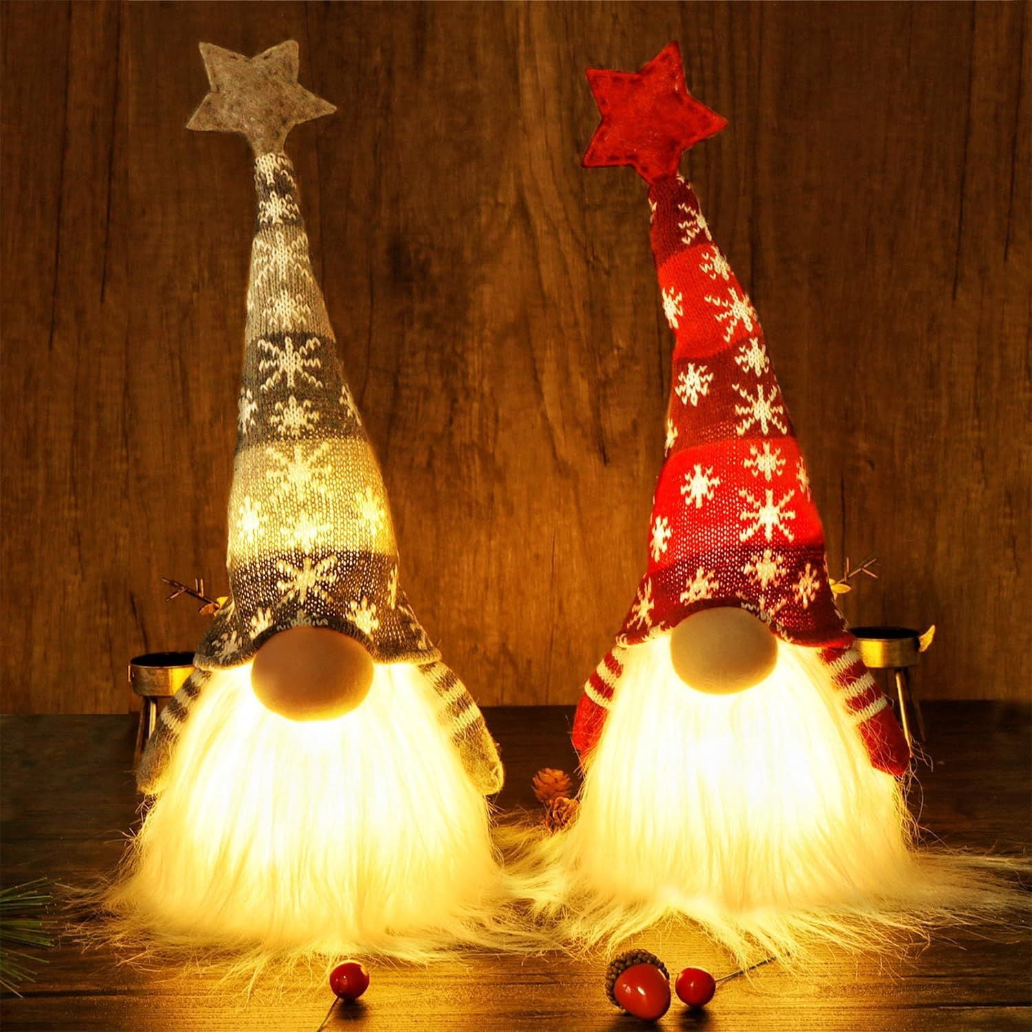 Lighted Christmas Gnome, Handmade Plush Scandinavian Swedish Tomte, Light Up Elf Toy Holiday Present, Battery Operated Winter Tabletop Christmas Decorations, 2 Set