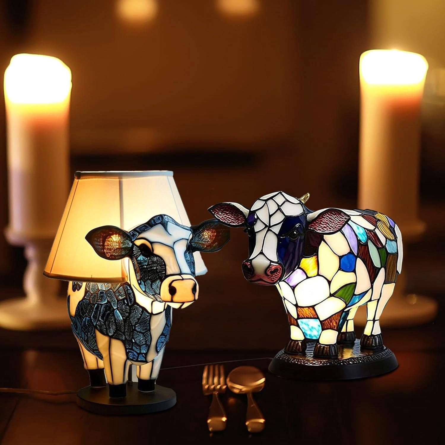 Aorsher Cow Lamp with USB Ports, 3D Cute Animal Night Light with Touch Control & Warm Glow, Resin Table Desk Lamp for Bedroom, Farmhouse Themed Decor Gift