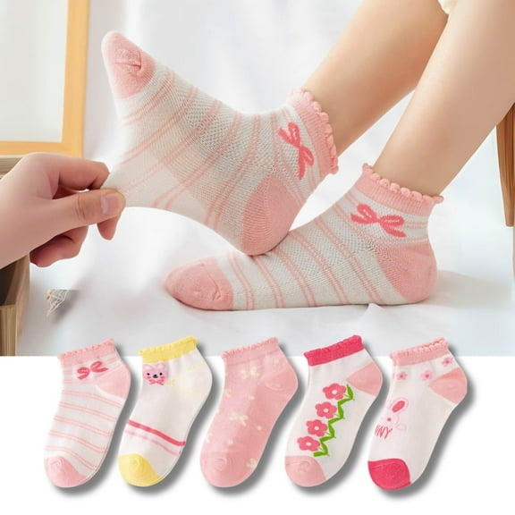 5Pairs Cute Little Flower Bow Pattern Toddler Girl Socks, Ultra-Ligaring & Summer Ankle & Crew Socks for Babies, Toddlers, Girls, Seamless Toe Design with Flexibl