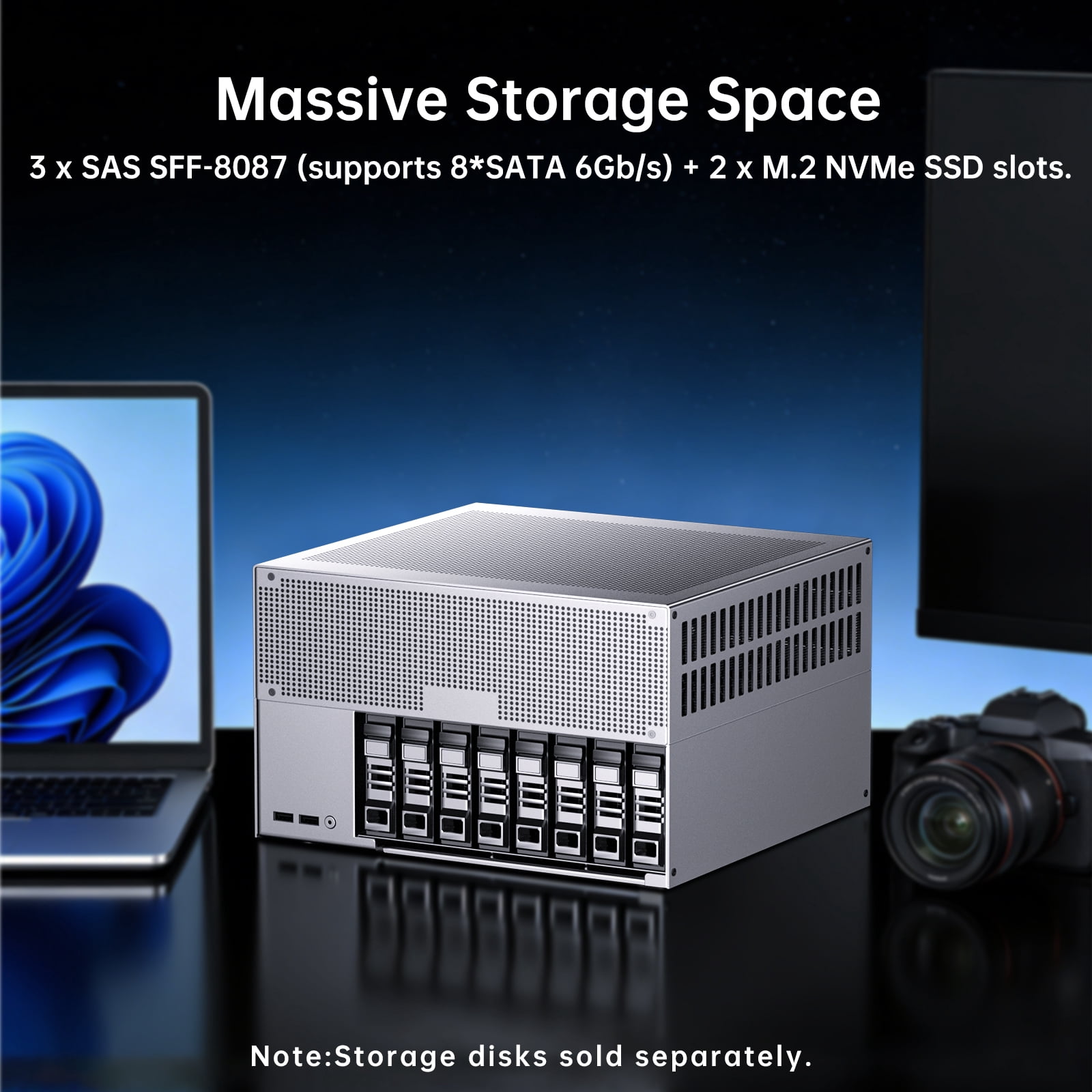 Thdeukoty Desktop NAS 8-Bay, Ultra 9 285H AI CPU, 32GB LPDDR5X 8400Mhz RAM, 2 x 10GbE, 2 x M.2 NVMe Slots, HD/DP, PCIe 4.0 x 8 Slot, USB 4, Support Dual System Network Attached Storage (Diskless)