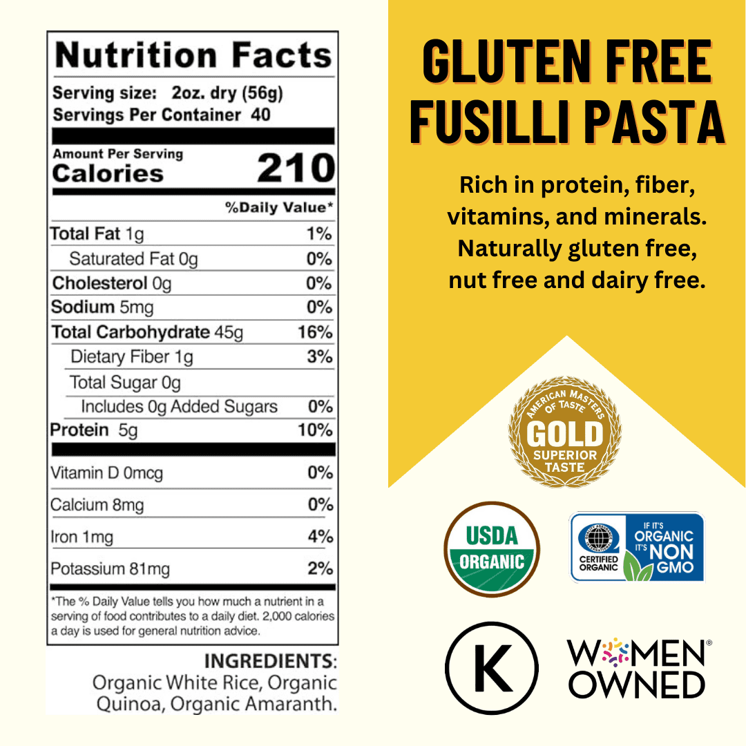 Pasta, Fusilli  3/5LB BAGS Certified Gluten Free, USDA Organic & GMO Free,  Wheat & Corn-Free, Made w/3 Ingredients -Mountain High Organics