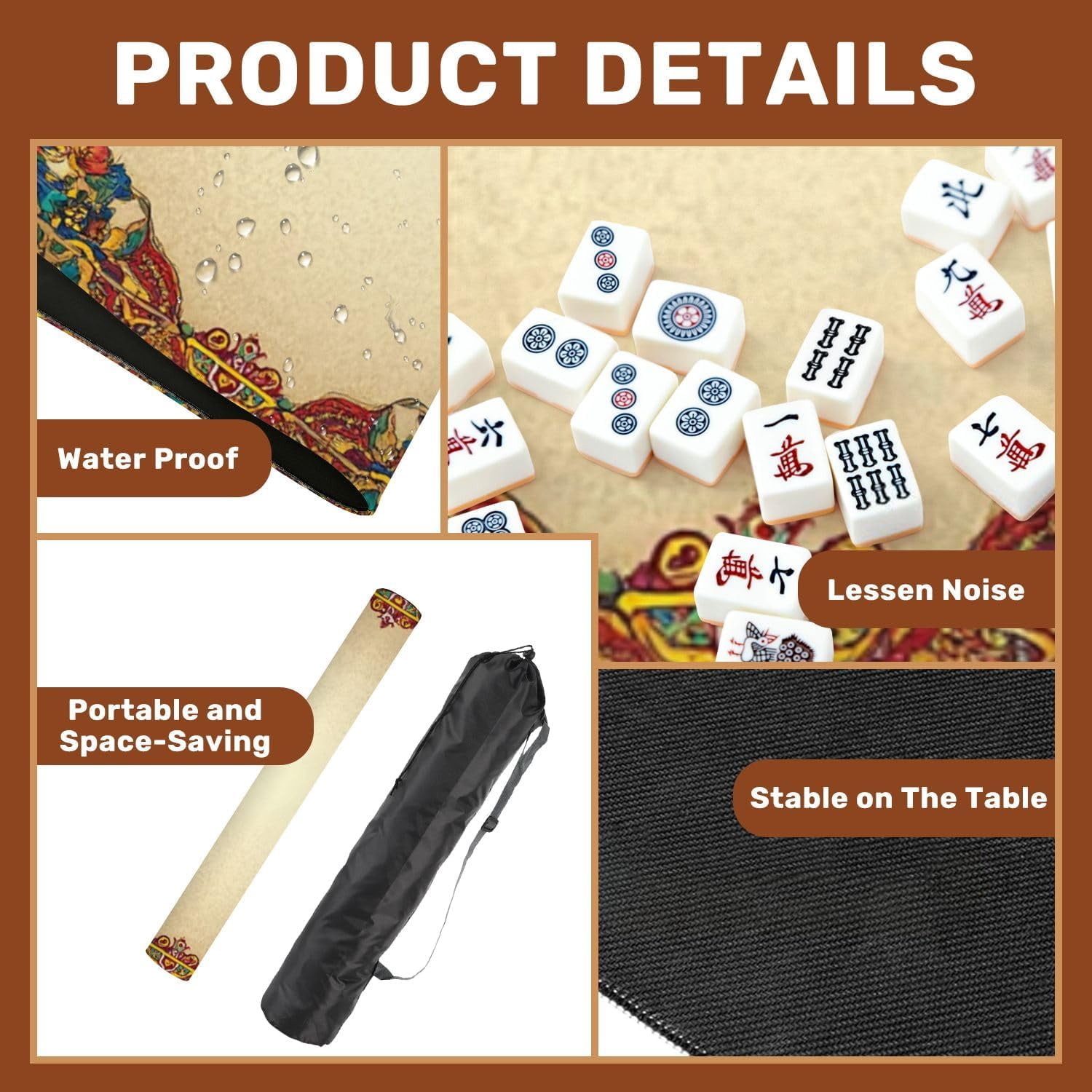 Mahjong Mat 31.5" x 31.5" Ornate Vintage Floral Frame Red Blue Gold Accents Non-Slip Noise Reduction Mahjong Tiles Table Cover for Dominoes Poker Card Board and Tile Games Gift