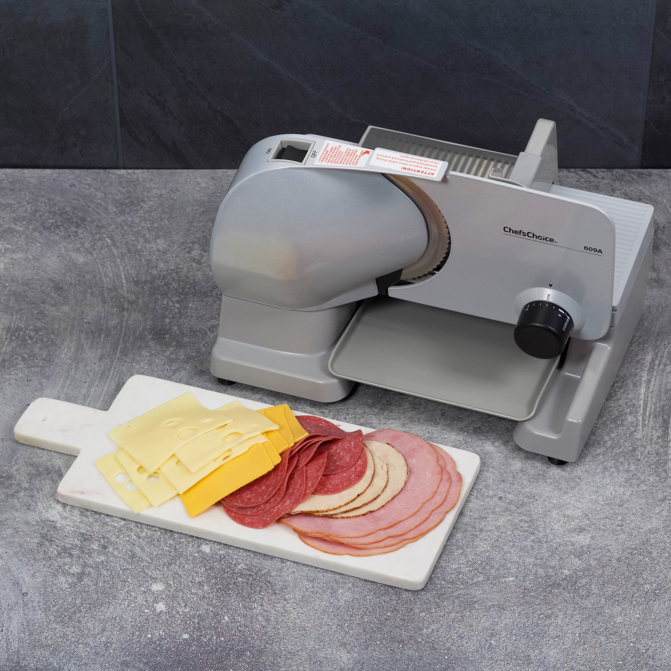 Chef'sChoice Model 609A Electric Meat, Cheese and Bread Slicer with 7" Stainless Blade and Adjustable Thickness Control, in Silver (609A000)