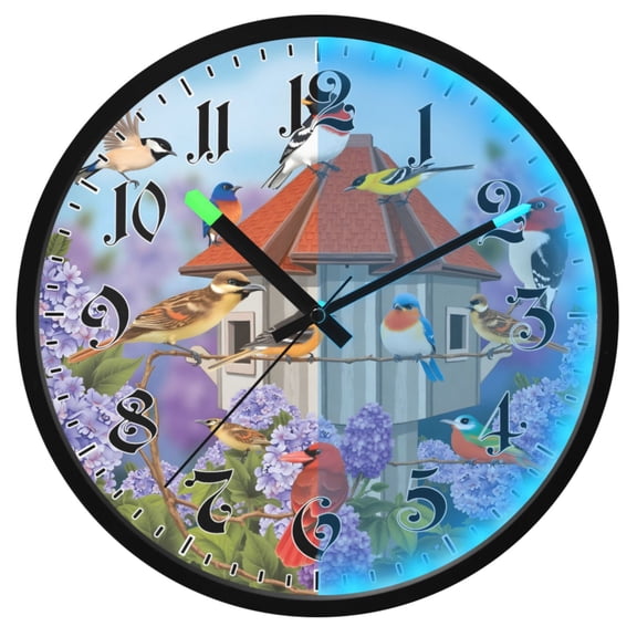 Ryvnso Colorful Birds Lavenders 12 Inch Night Light Wall Clock Luminous Silent Battery Operate Clocks