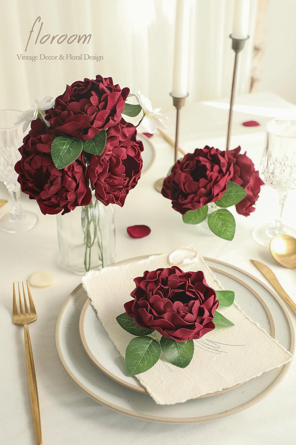 Artificial Flowers 16pcs 4" Burgundy Blooming Peonies Real Looking Foam Fake Roses with Stems for DIY Wedding Bouquet Dark Red Bridal Shower Centerpieces Floral Arrangements Tables Decorations