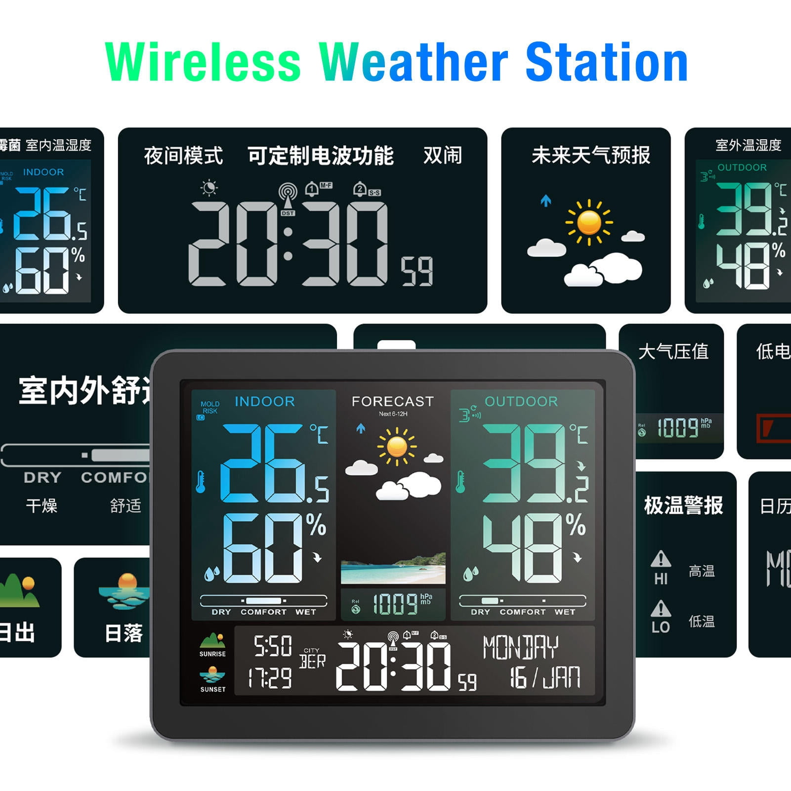 Xirurus Wireless Weather Station – Digital Display, Indoor/Outdoor Temp & Humidity, 6‑Hour Forecast, Moon Phase, Sunrise/Sunset, Alarm Clock