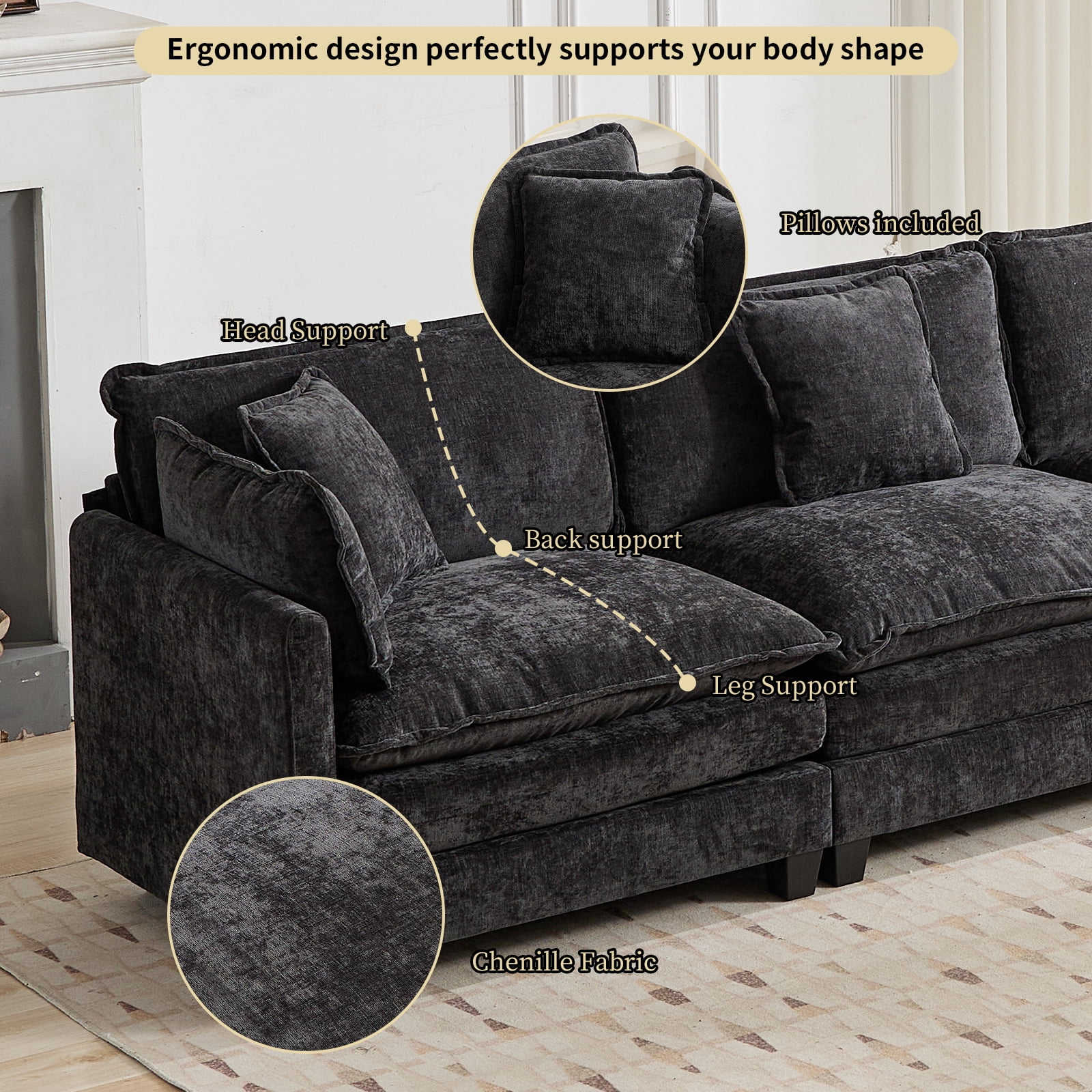 41.1” Chenille Single Sofa, Black Accent Couch, Modular Sectional for Living Room, Deep Seat, Sillón para Sala