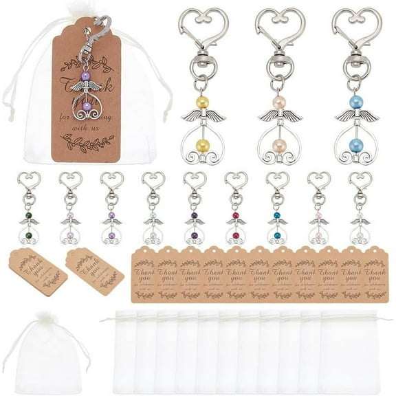 36 Pcs Angel Keychain Favors Set Alloy Angel Wing Keychain with Thank You Tags Drawstring Organza Bag Guest Return Gifts for Wedding Birthday Party Baptism Favors Platinum