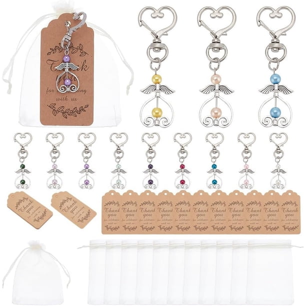 Juego de 36 llaveros de ángel de aleación con alas de ángel y etiquetas de agradecimiento, bolsa de organza con cordón, regalo para invitados.